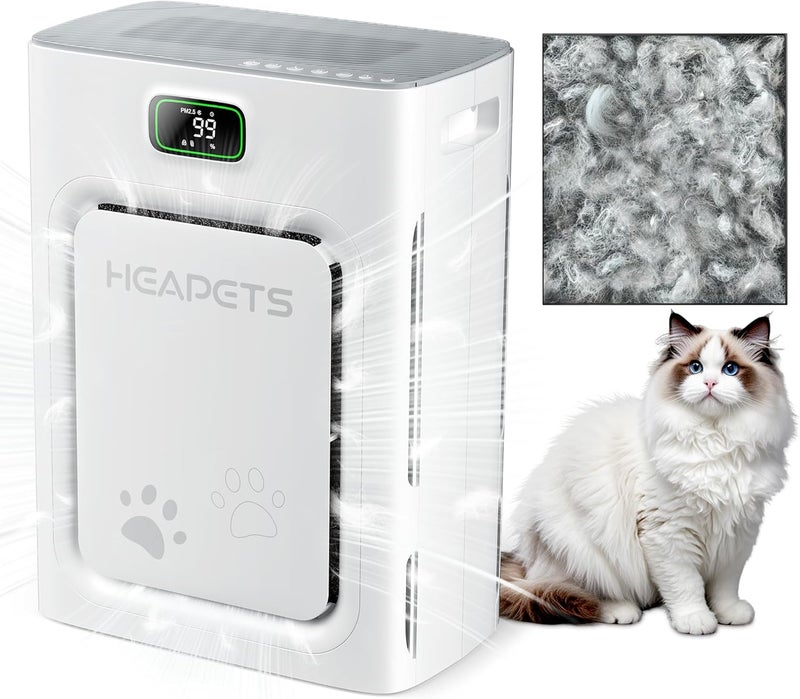 HEAPETS Pet Air Purifier for Home Large Room 2500 sq ft, H13 HEPA Washable Double-Sided Filter, Air Cleaner for Pet Hair Dander Odor Allergies Pollutant Smoke Dust, PM2.5 Air Quality Monitor, Auto Mode, Grey - Image 1
